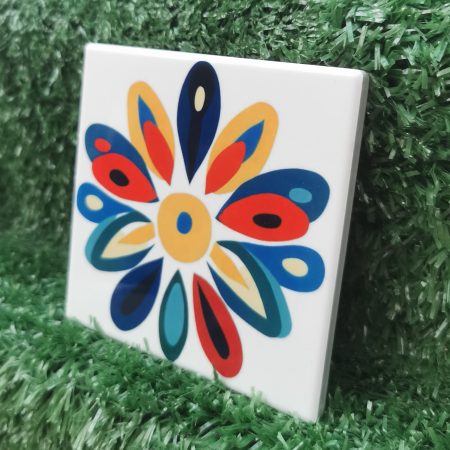 Colourful, Vibrant, Funky Flower Ceramic Coaster 100mm Square