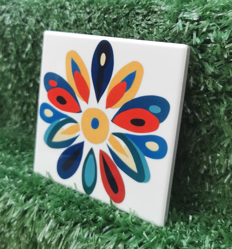 Colourful, Vibrant, Funky Flower Ceramic Coaster 100mm Square