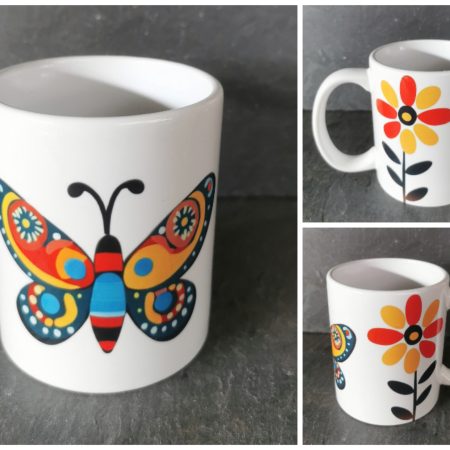 Vibrant, Colourful, Funky Flower & Butterfly Ceramic Mug