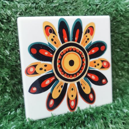 Colourful, Vibrant, Funky Flower Ceramic Coaster 100mm Square