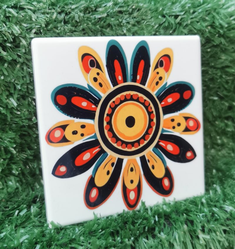 Colourful, Vibrant, Funky Flower Ceramic Coaster 100mm Square