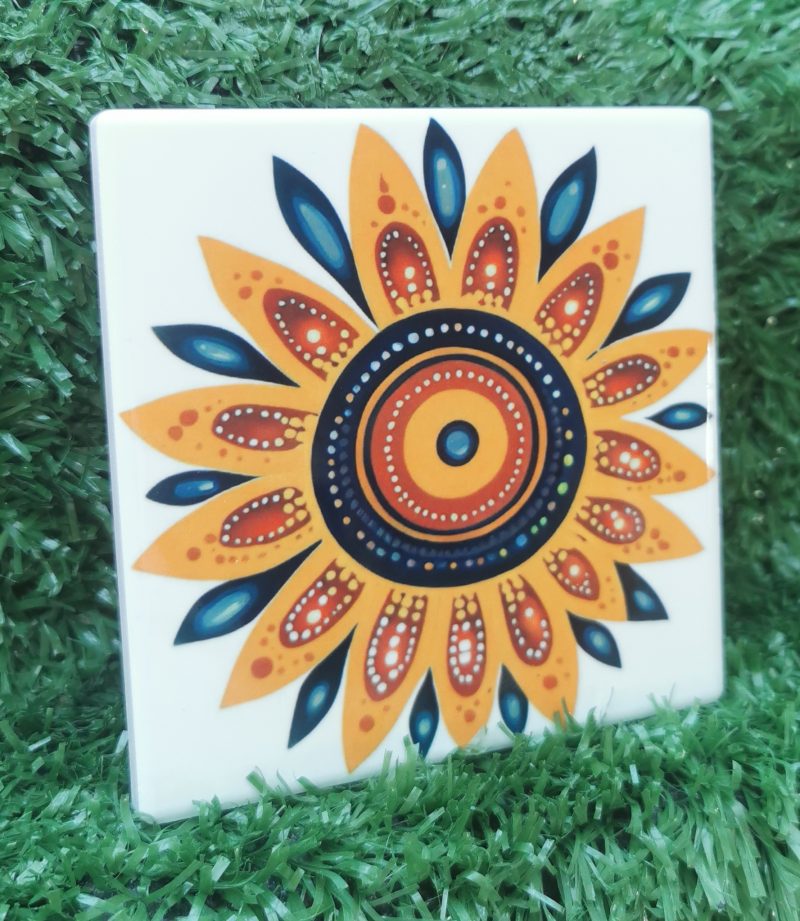 Colourful, Vibrant, Funky Flower Ceramic Coaster 100mm Square