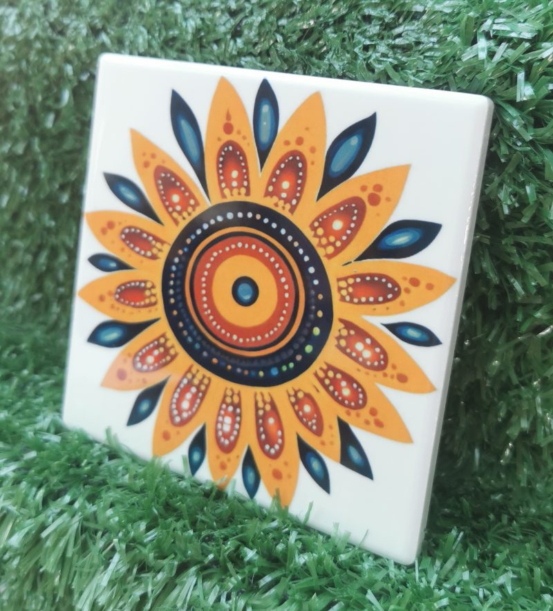 Colourful, Vibrant, Funky Flower Ceramic Coaster 100mm Square