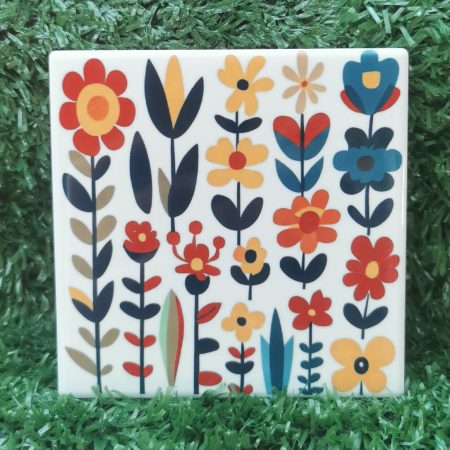 Colourful, Vibrant, Funky Flower Ceramic Coaster 100mm Square