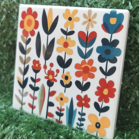 Colourful, Vibrant, Funky Flower Ceramic Coaster 100mm Square
