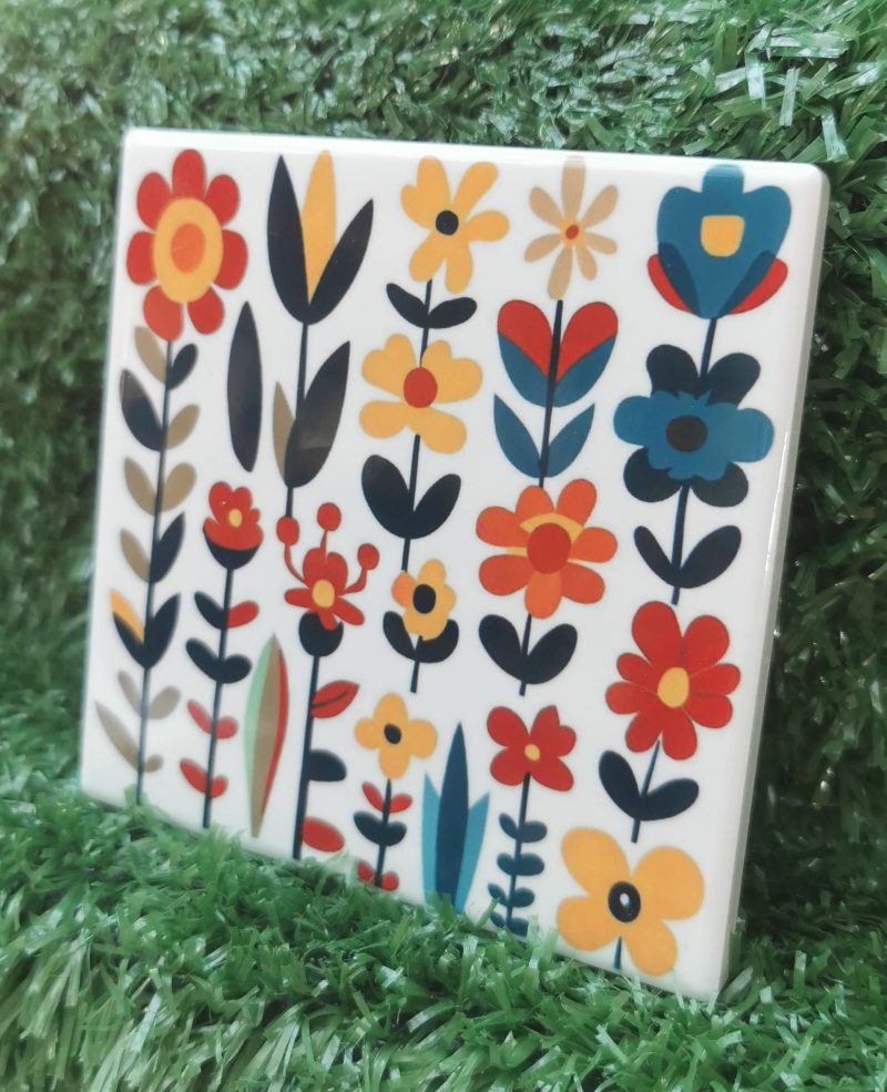 Colourful, Vibrant, Funky Flower Ceramic Coaster 100mm Square