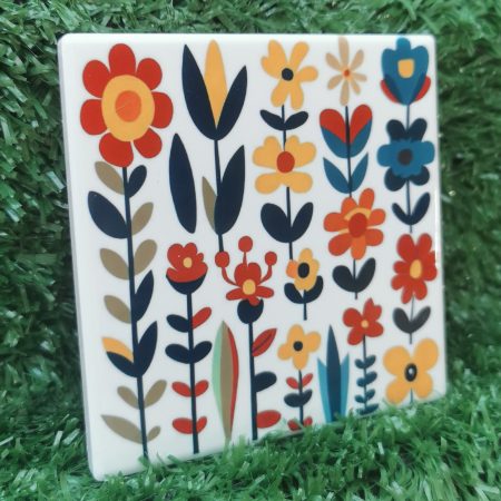 Colourful, Vibrant, Funky Flower Ceramic Coaster 100mm Square