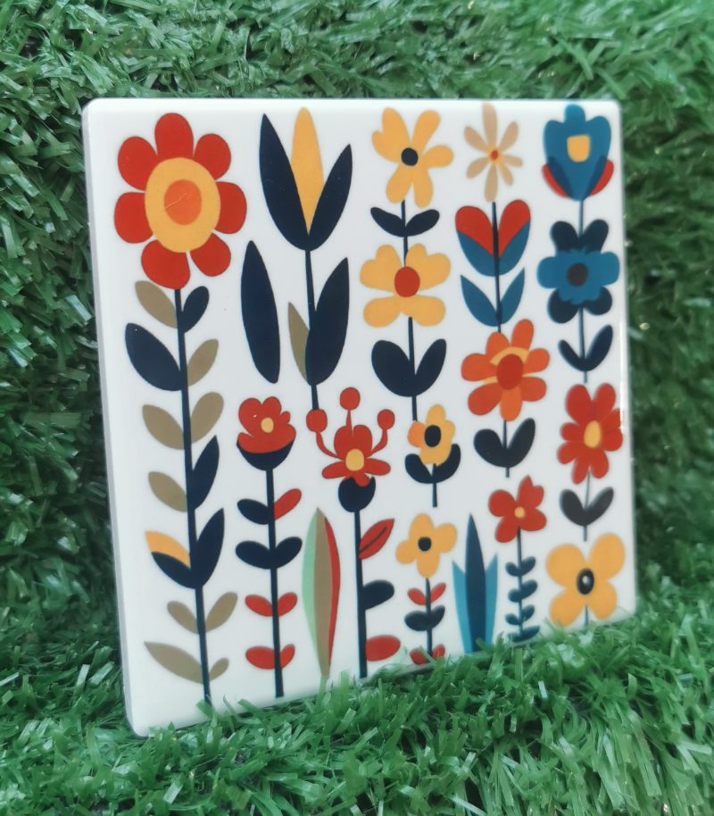 Colourful, Vibrant, Funky Flower Ceramic Coaster 100mm Square