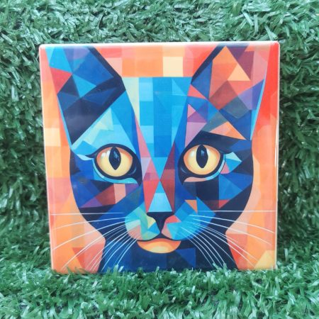 Colourful, Vibrant, Abstract Cat Ceramic Coaster 100mm Square