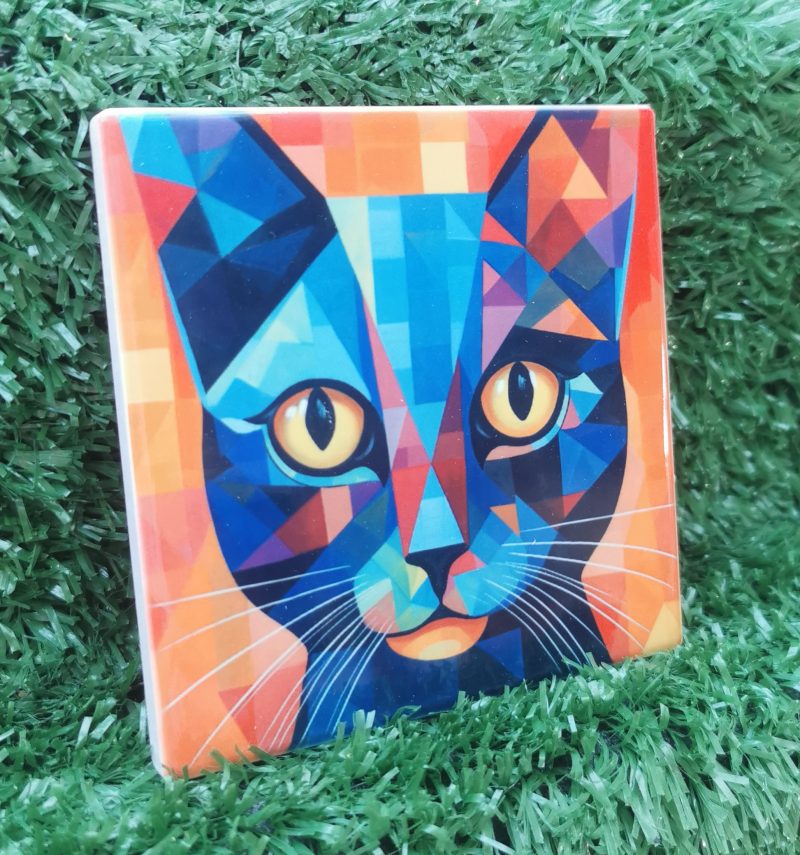 Colourful, Vibrant, Abstract Cat Ceramic Coaster 100mm Square