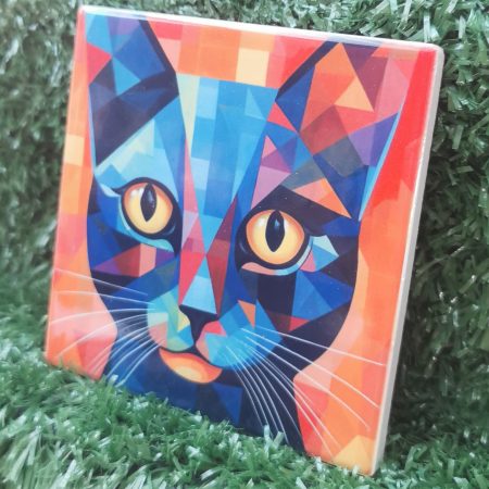 Colourful, Vibrant, Abstract Cat Ceramic Coaster 100mm Square