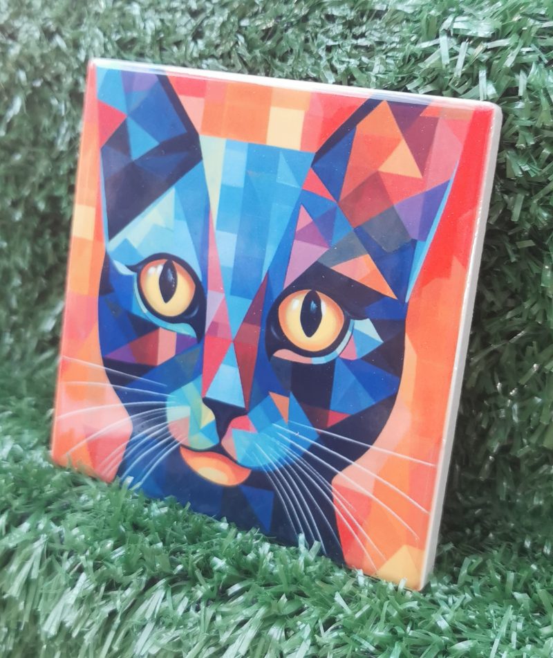 Colourful, Vibrant, Abstract Cat Ceramic Coaster 100mm Square