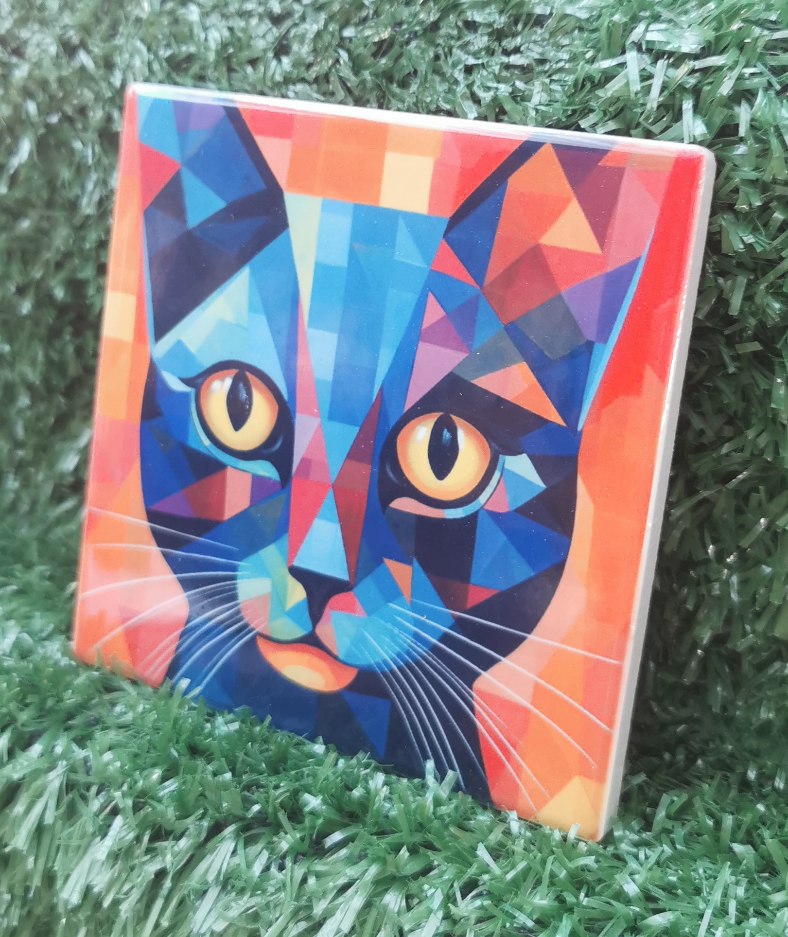 Colourful, Vibrant, Abstract Cat Ceramic Coaster 100mm Square - Image 3