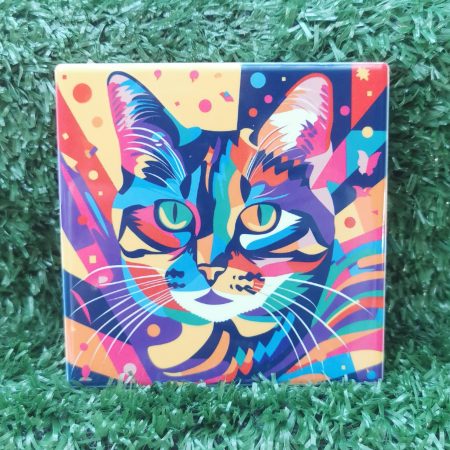 Colourful, Vibrant, Abstract Cat Ceramic Coaster 100mm Square