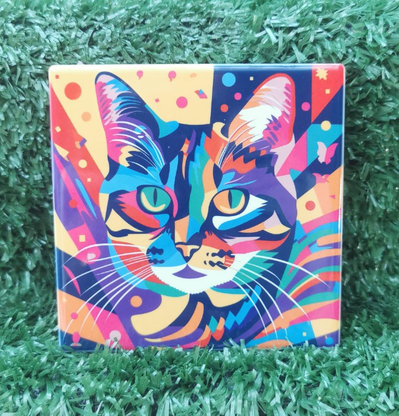 Colourful, Vibrant, Abstract Cat Ceramic Coaster 100mm Square