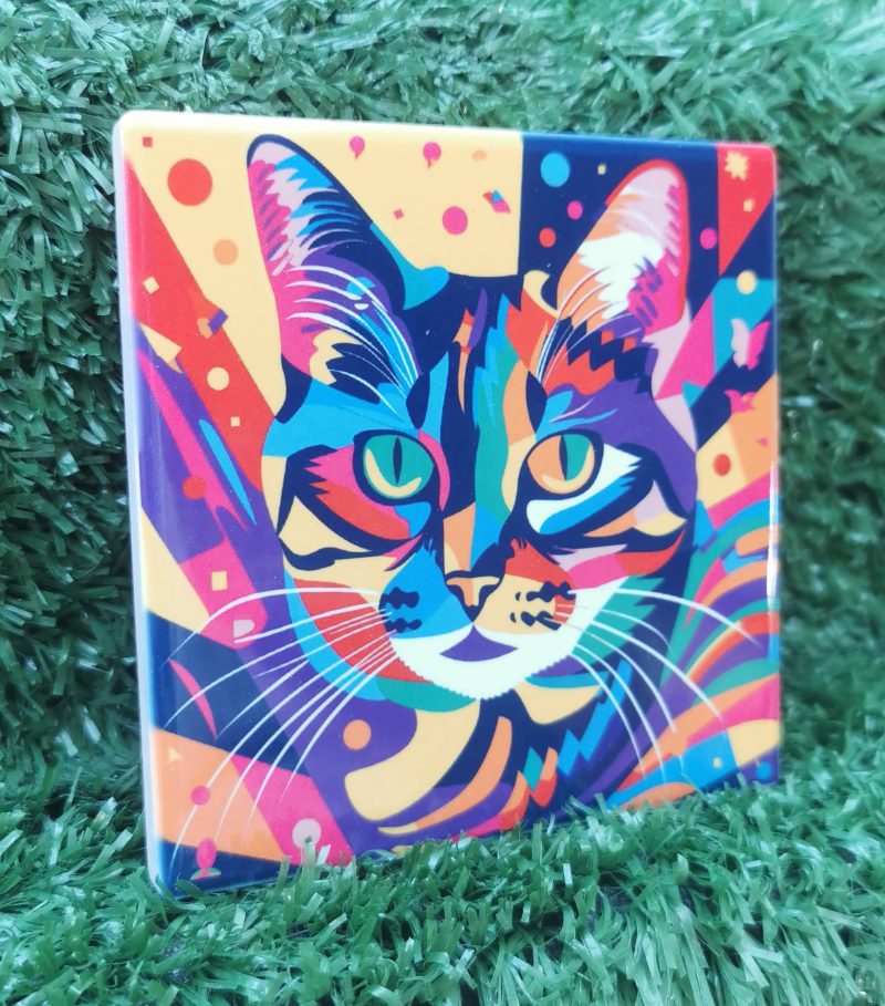 Colourful, Vibrant, Abstract Cat Ceramic Coaster 100mm Square