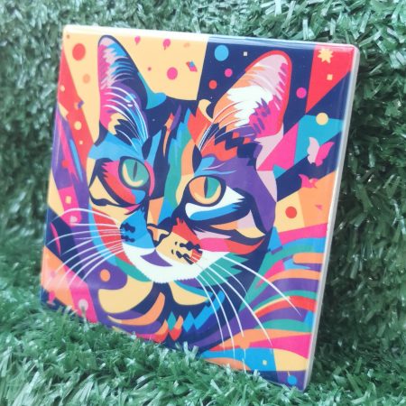 Colourful, Vibrant, Abstract Cat Ceramic Coaster 100mm Square