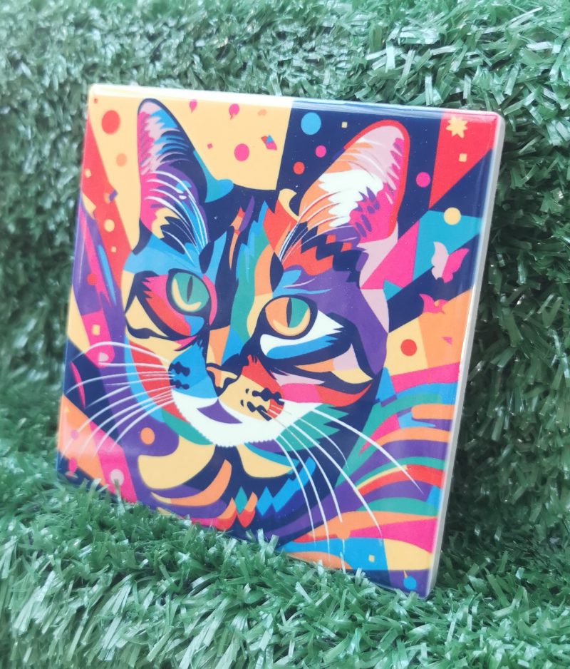 Colourful, Vibrant, Abstract Cat Ceramic Coaster 100mm Square
