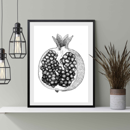 Blackwork Illustration Print of a Halved Pomegranate