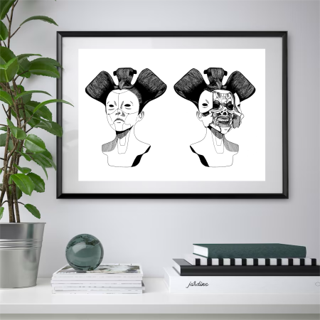 Blackwork Illustration Print of Cyborg Geishas from Ghost In The Shell
