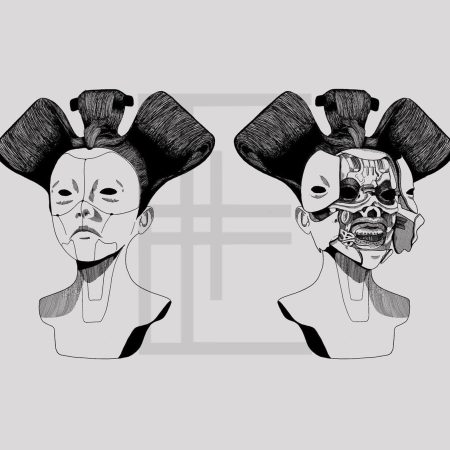 Blackwork Illustration Print of Cyborg Geishas from Ghost In The Shell