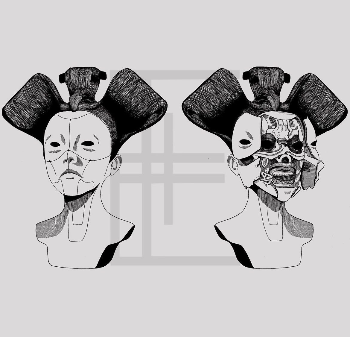 Blackwork Illustration Print of Cyborg Geishas from Ghost In The Shell