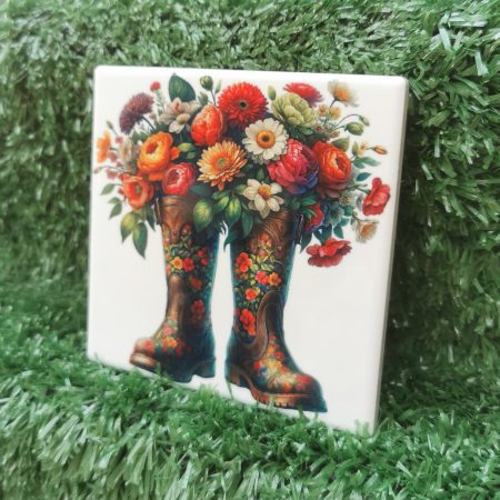 Vibrant, Colourful, Garden Boots with Flowers Ceramic Coaster - Image 2