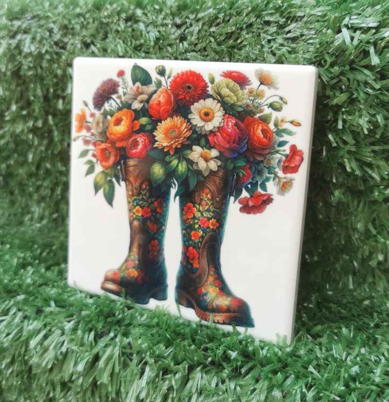 Vibrant, Colourful, Garden Boots with Flowers Ceramic Coaster