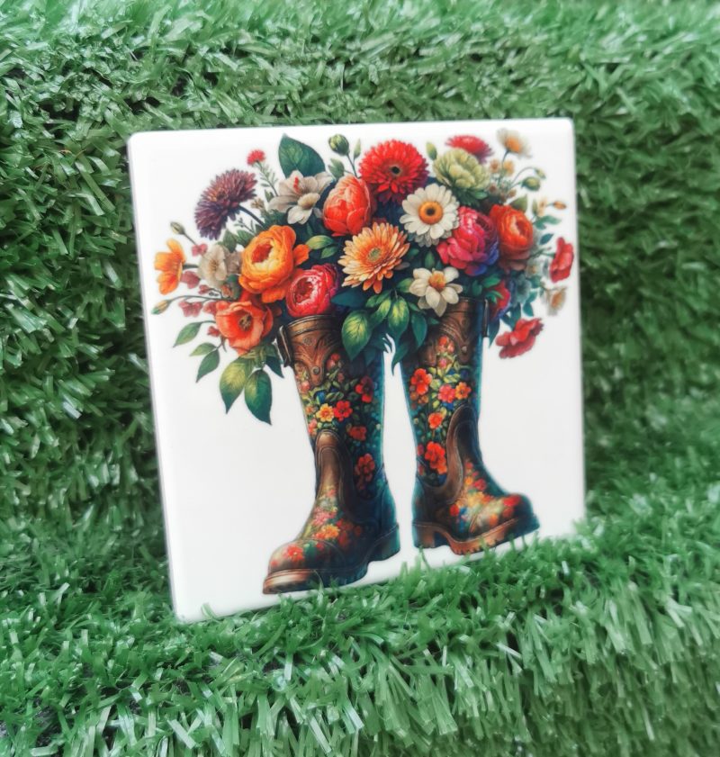 Vibrant, Colourful, Garden Boots with Flowers Ceramic Coaster