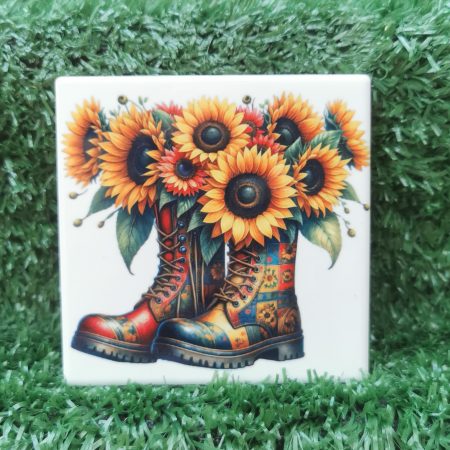 Vibrant, Colourful, Garden Boots with Flowers Ceramic Coaster