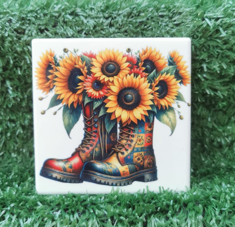 Vibrant, Colourful, Garden Boots with Flowers Ceramic Coaster