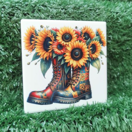 Vibrant, Colourful, Garden Boots with Flowers Ceramic Coaster