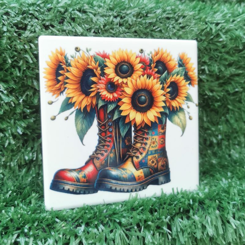 Vibrant, Colourful, Garden Boots with Flowers Ceramic Coaster