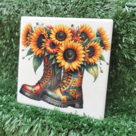 Vibrant, Colourful, Garden Boots with Flowers Ceramic Coaster