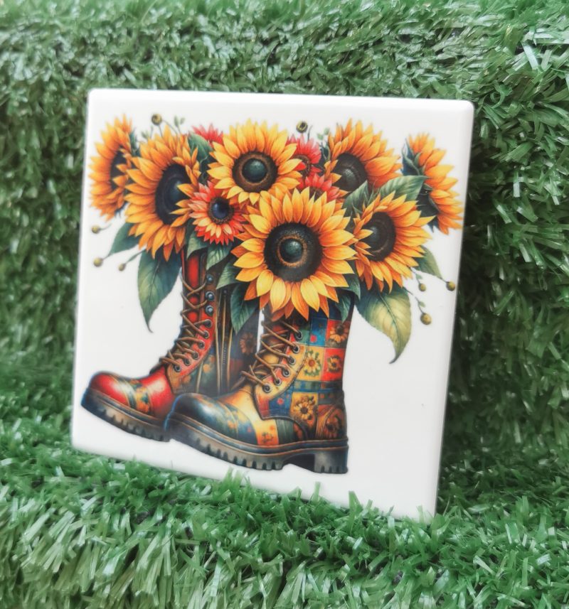 Vibrant, Colourful, Garden Boots with Flowers Ceramic Coaster