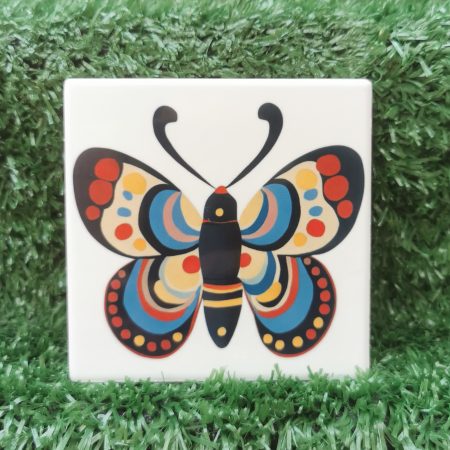 Colourful, Vibrant, Funky Butterfly Ceramic Coaster, 100mm Square