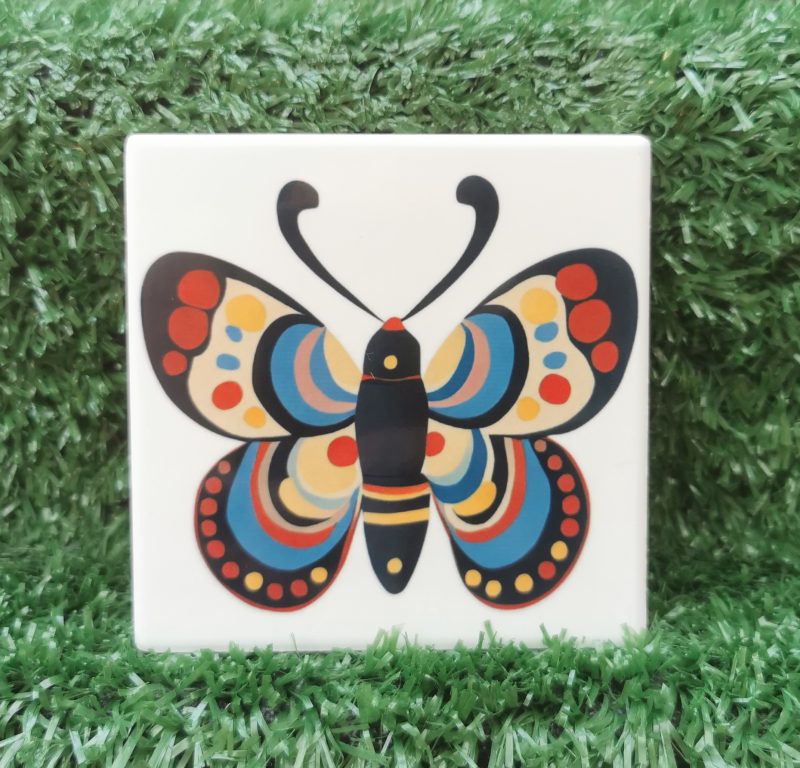 Colourful, Vibrant, Funky Butterfly Ceramic Coaster, 100mm Square