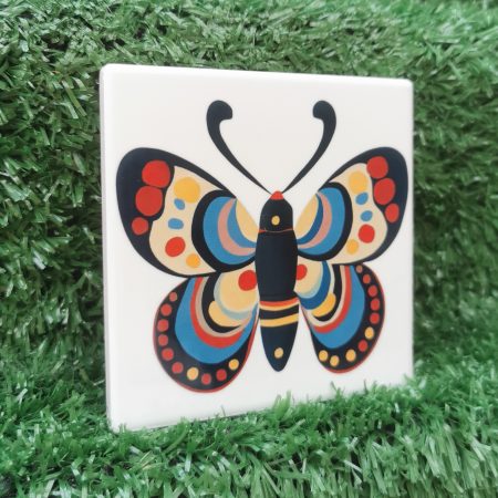 Colourful, Vibrant, Funky Butterfly Ceramic Coaster, 100mm Square