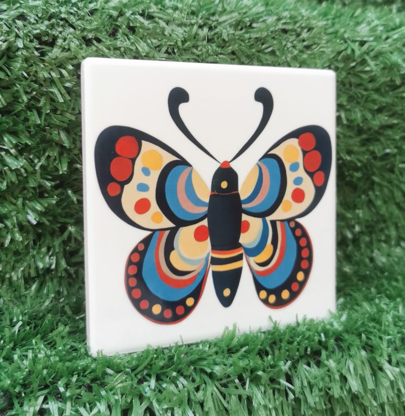 Colourful, Vibrant, Funky Butterfly Ceramic Coaster, 100mm Square