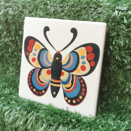 Colourful, Vibrant, Funky Butterfly Ceramic Coaster, 100mm Square