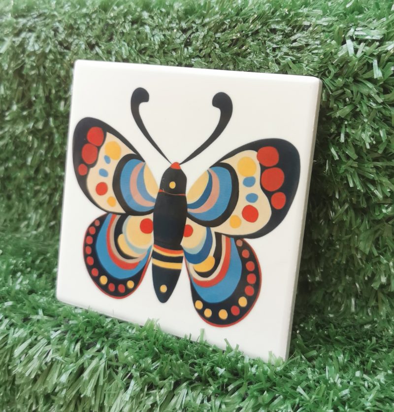 Colourful, Vibrant, Funky Butterfly Ceramic Coaster, 100mm Square