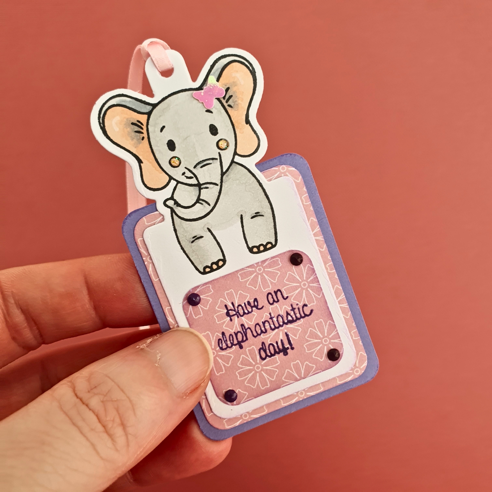 Elephant Gift Tag In Pink & Purple With Ribbon & Embellishments - Set Of Three (3)