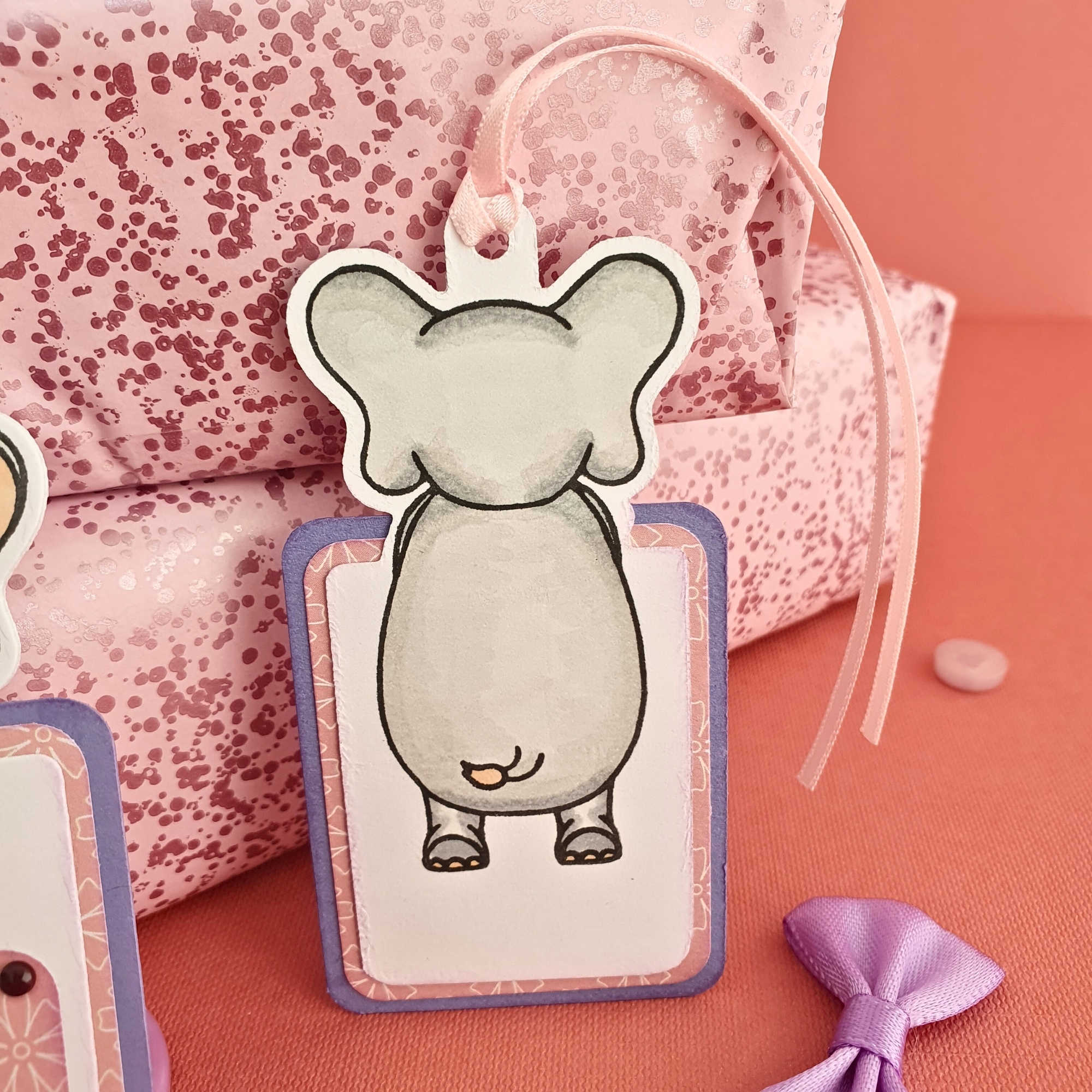Elephant Gift Tag In Pink & Purple With Ribbon & Embellishments - Set Of Three (3)