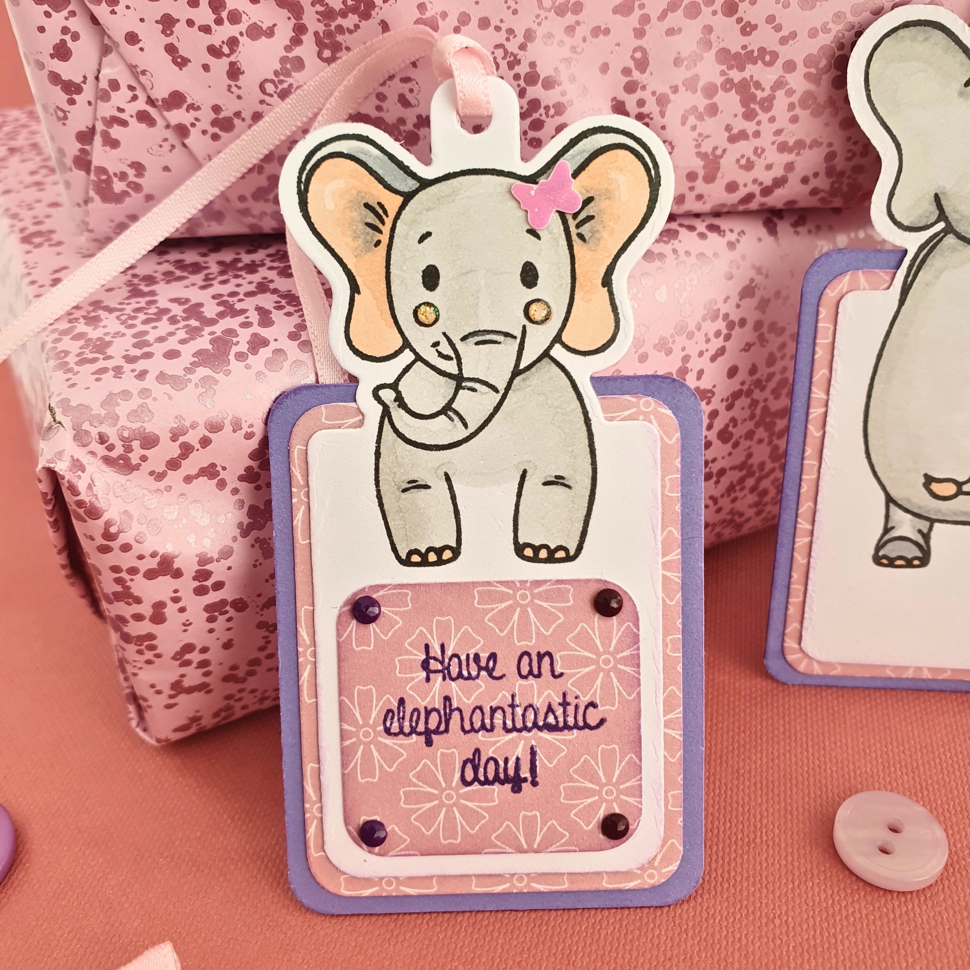 Elephant Gift Tag In Pink & Purple With Ribbon & Embellishments - Set Of Three (3)