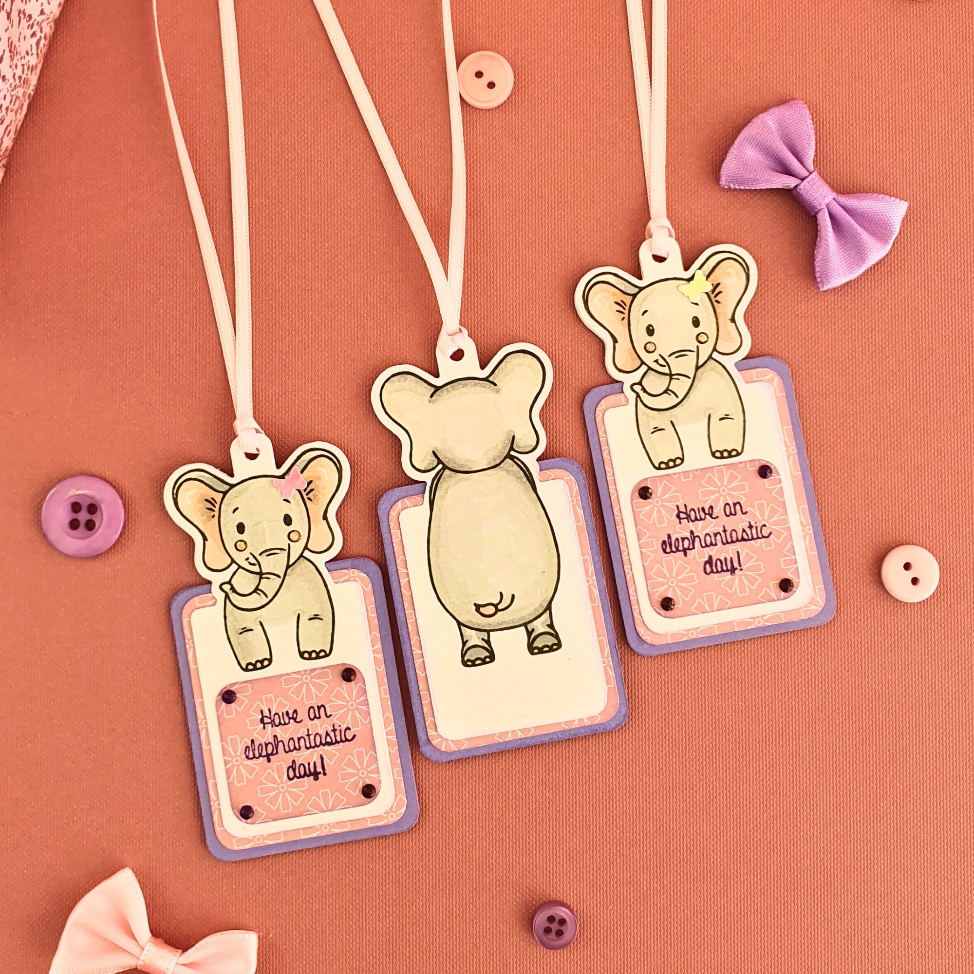 Elephant Gift Tag In Pink & Purple With Ribbon & Embellishments - Set Of Three (3)