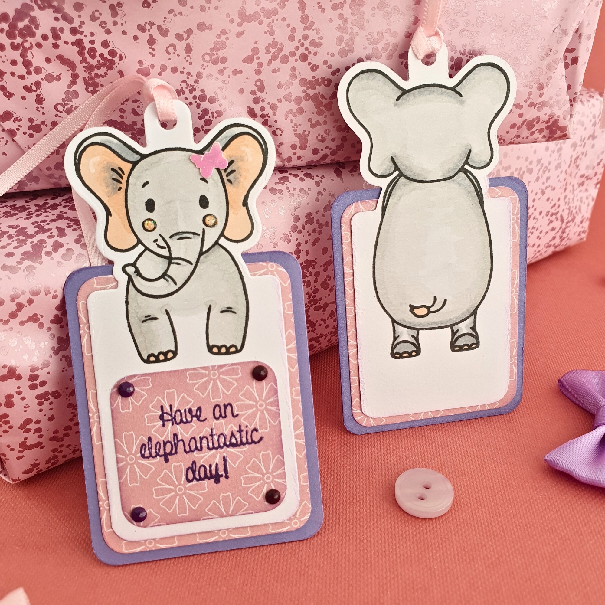 Elephant Gift Tag In Pink & Purple With Ribbon & Embellishments - Set Of Three (3)