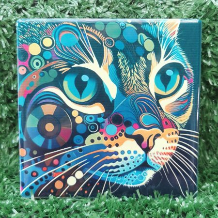 Colourful, Vibrant, Abstract Cat Ceramic Coaster 100mm Square