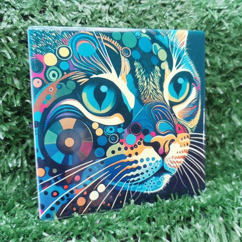 Colourful, Vibrant, Abstract Cat Ceramic Coaster 100mm Square