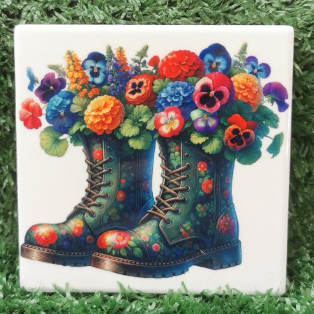 Vibrant, Colourful, Garden Boots with Flowers Ceramic Coaster