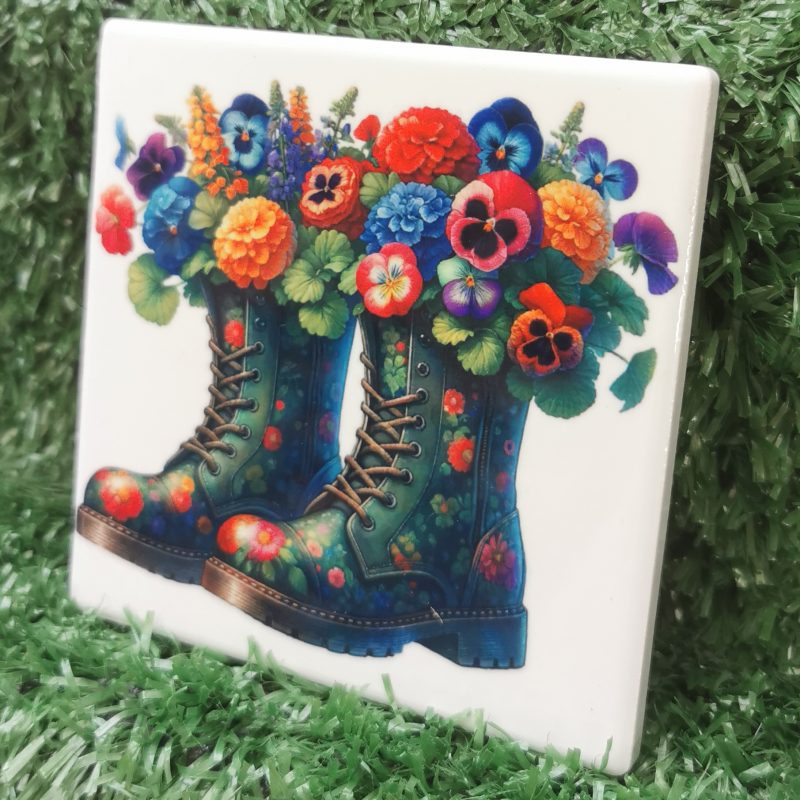 Vibrant, Colourful, Garden Boots with Flowers Ceramic Coaster
